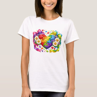Camiseta Coração de quebra-cabeça de fita coquete de consci