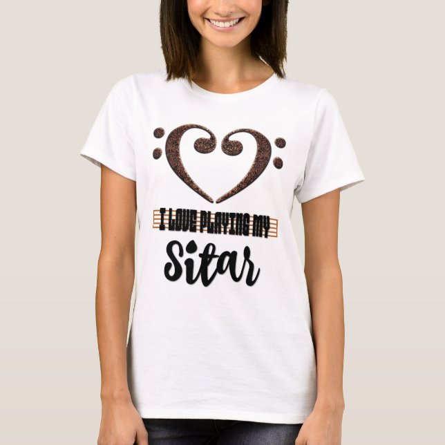 Camiseta Coração Musical de Fá I Love Tocando Meu Sitar (Frente)