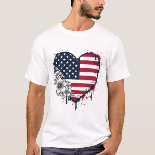 Camiseta Coração Patriótico Floral Desenho de Gravura Vinta