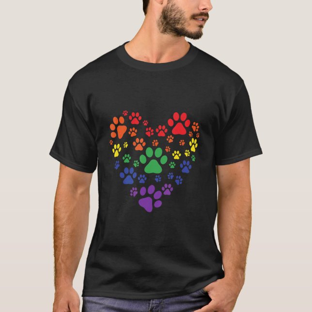 Camiseta Coração, Rainbow Dog Love Paw Imprime Orgulho gay  (Frente)
