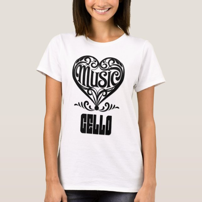 Camiseta Coração rolado Elegante para Amantes Cello (Frente)