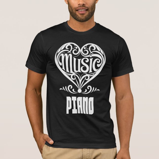 Camiseta Coração Rolado Elegante para Pistas de Piano (Frente)