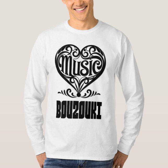 Camiseta Coração rolante legante para os amantes Bouzouki (Frente)