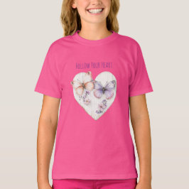 Camiseta Coração Rosa Roxo Borboletas & Flores