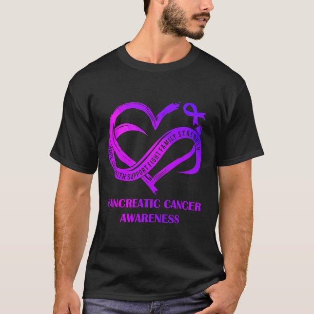 Camiseta Coração Roxo Esperança Ama Câncer de pâncreas de F (Frente)