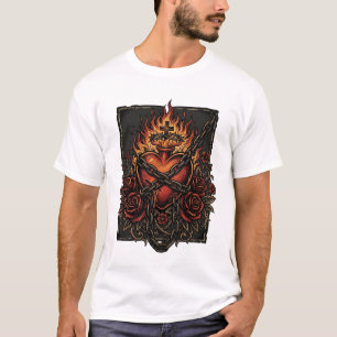 Camiseta Coração Sagrado em Chamas com Rosas Vintage Desenh