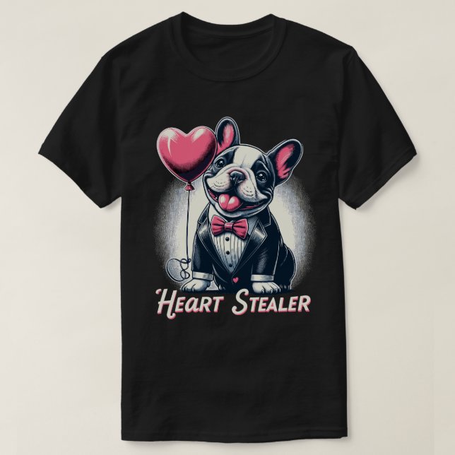 Camiseta Coração Stealer - Dapper French Bulldog com Balão (Frente do Design)