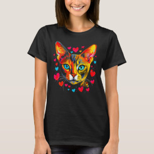 Camiseta Coração Vermelho Cor-de-Rosa Azul-Gato Abissiniano