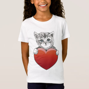 Camiseta Coração Vermelho de Gato de Gatinho Bonito