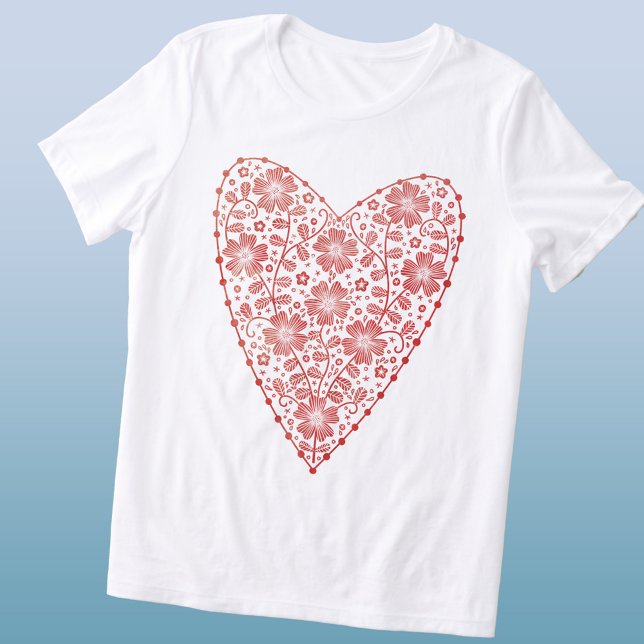 Camiseta Coração - Vermelho Escandinavo Branco (Scandinavian red and white floral heart triblend t-shirt)