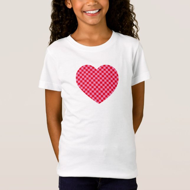 Camiseta Coração Xadrez Vermelho e Rosa (Frente)