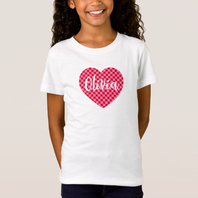 Camiseta Coração Xadrez Vermelho e Rosa com Nome (Frente)