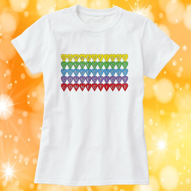 Camiseta Corações Coloridos de Connecticut (A tshirt with a colorful pattern of hearts that say Connecticut)