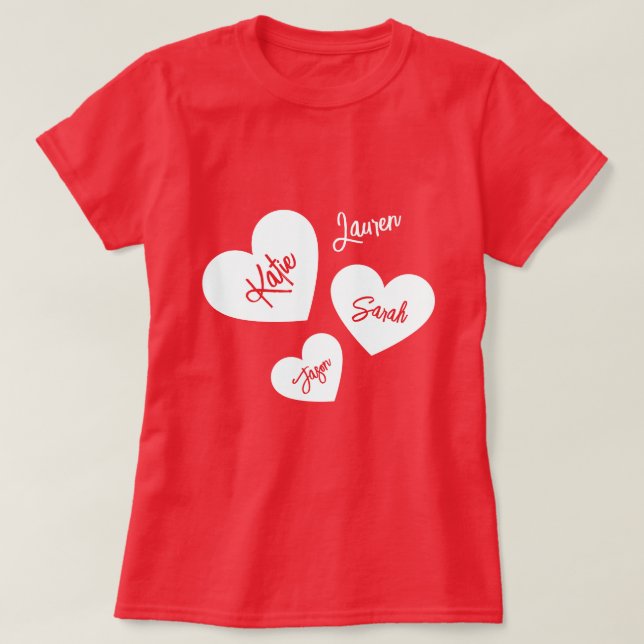 Camiseta Corações da Mãe Personalizada Vermelho e Branco (Frente do Design)