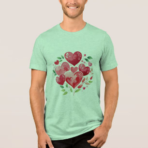 Camiseta Corações de Aquarela e Folhagem Verde Romântica Ca