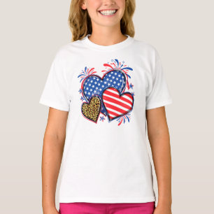 Camiseta Corações de Bandeira Americana Estampa de Leopardo