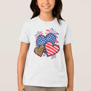 Camiseta Corações de Bandeira Americana Estampa de Leopardo