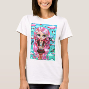 Camiseta Corações de Cabelo Rosa e Beijos Fadas Grandes Olh