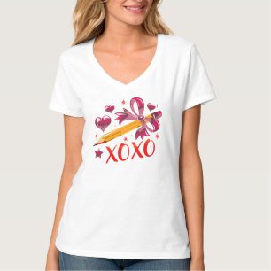 Camiseta Corações do Lápis de Fita Rosa XOXO