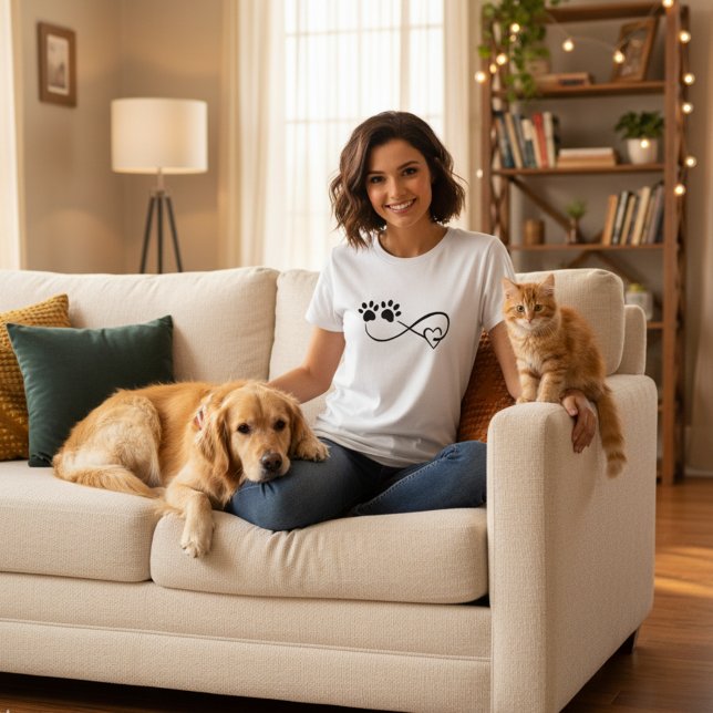 Camiseta Corações Infinitos e Pegadas de Pata (🐾 Infinite love for pets paw print t-shirt. Comfy, stylish, and heartfelt ❤️)