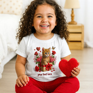 Camiseta Corações Vermelhos e Rosas Gatinho Gengibre Dia do