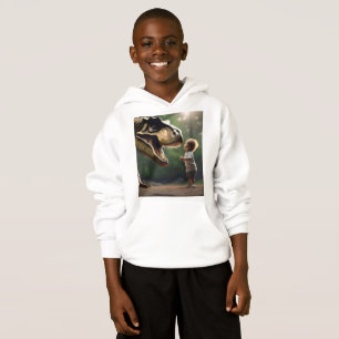 Camiseta **"Coragem Liberada: Um Menino Enfrenta o T-Rex"