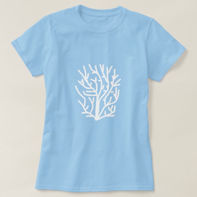 Camiseta Coral branco sobre a vida aquática azul (Frente do Design)