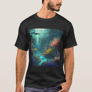 Camiseta Coral-recife vibrante com peixes e tubarões