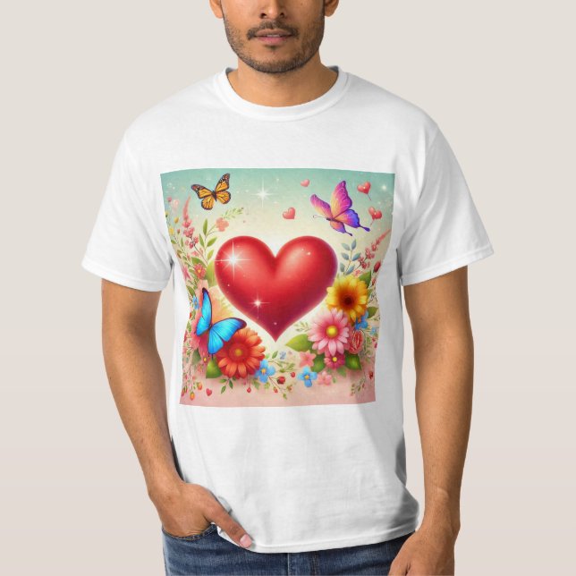 Camiseta Corazón de Amor: Flores y Mariposas (Frente)
