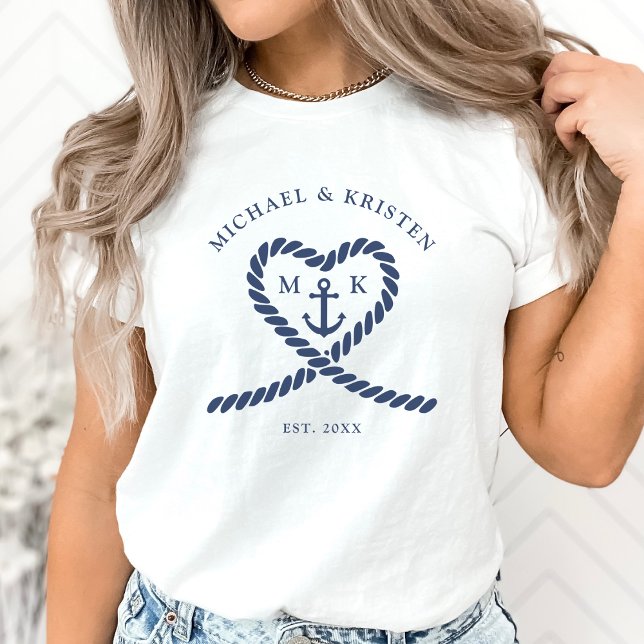 Camiseta Corda de Coração Âncora Casamento Branco e Azul Ná (White & Nautical Blue Rope Heart Anchor Wedding T-Shirt)