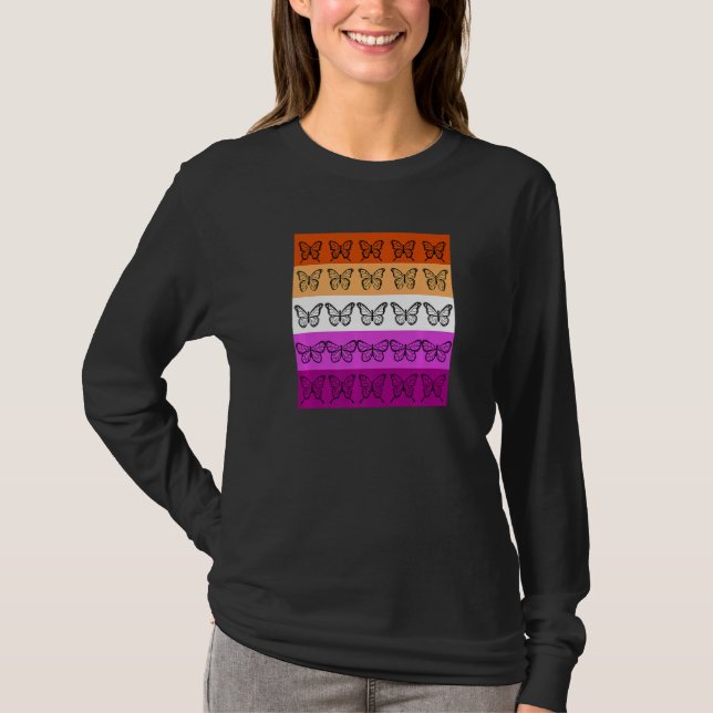 Camiseta Cores da Bandeira Lésbica Borboleta Sutil Orgulho  (Frente)