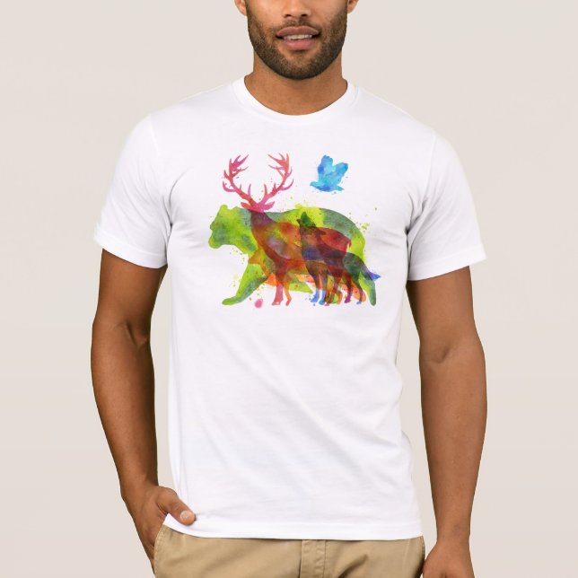 Camiseta Cores d'água sobrepostas de animais Ilustração sol (Frente)
