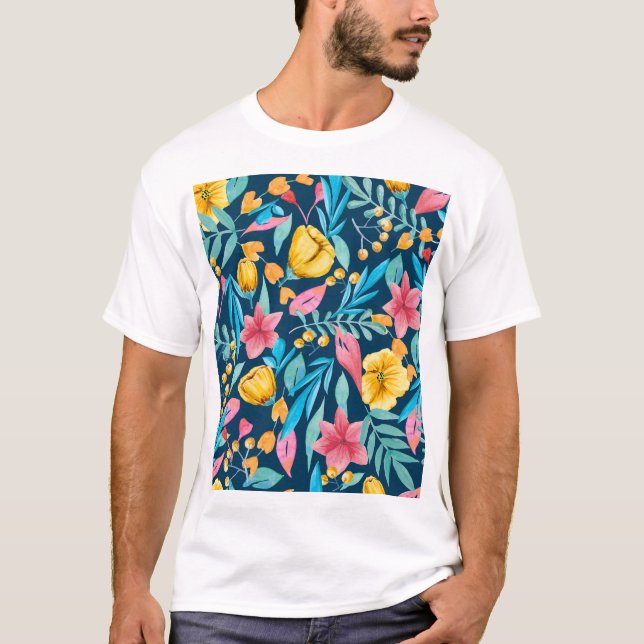 Camiseta Cores de água botânica: flores, folhas, ornamento. (Frente)