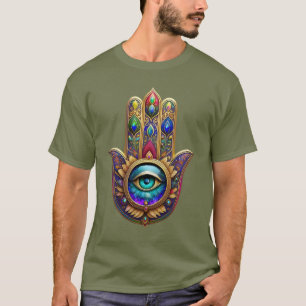 Camiseta Cores de Pavão Dourado Hamsa Verde Safira Terceiro