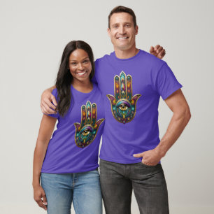 Camiseta Cores de Pavão Hamsa com Terceiro Olho Dourado