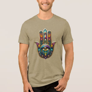 Camiseta Cores de Pavão Hamsa com Terceiro Olho Dourado