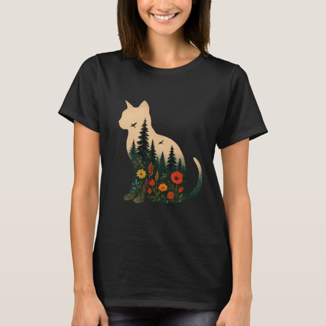Camiseta Cores de Silhueta de Gato Flor Boho Floral       (Frente)