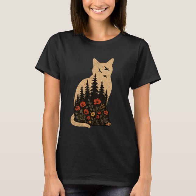 Camiseta Cores de Silhueta de Gato Flor Boho Floral       (Frente)