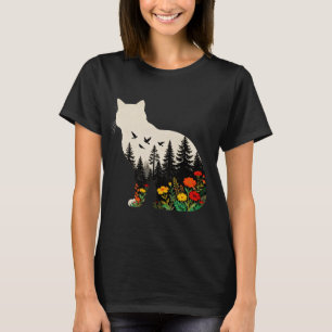 Camiseta Cores de Silhueta de Gato Floral Boho Flor de Camp