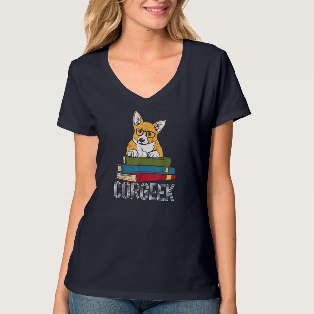 Camiseta Corgeek Book Lover Welsh Corgi Engraçado Nerd Cach (Frente)