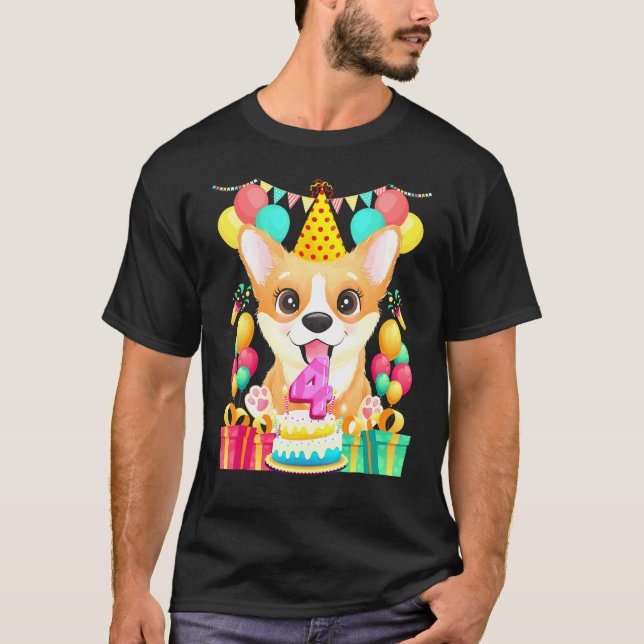 Camiseta Corgi 4º Aniversário 4 Anos de Idade (Frente)
