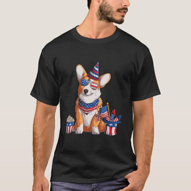 Camiseta Corgi 4 de julho American Sunglass Dog USA (Frente)