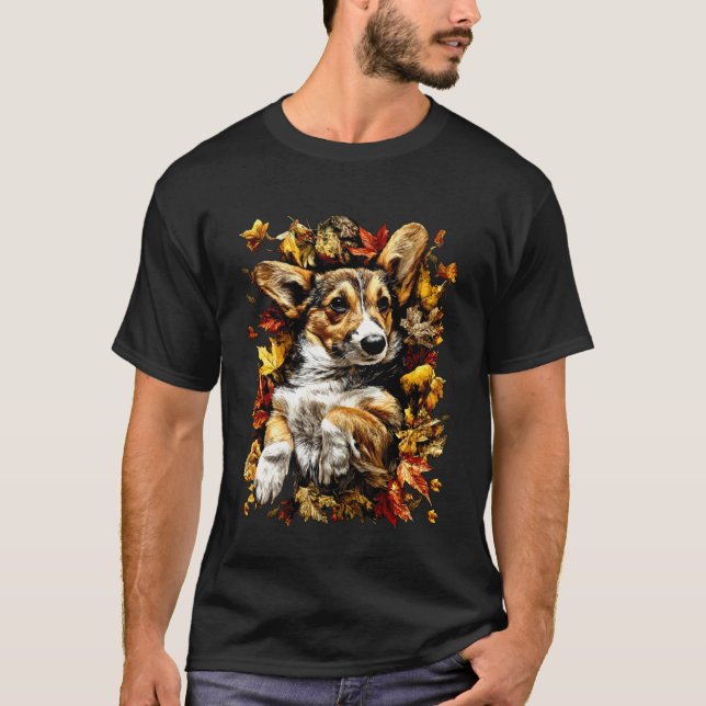 Camiseta Corgi Adorável com Vibração de Folhas de Outono (Frente)