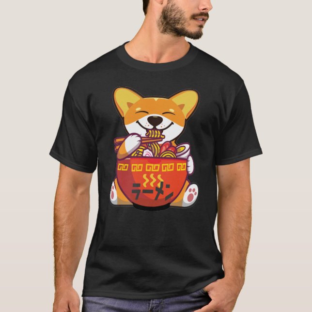 Camiseta CORGI ALIMENTADA POR RAMEN | Kawaii Corgi Eating R (Frente)