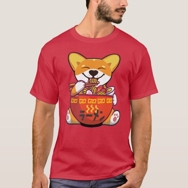 Camiseta CORGI ALIMENTADA POR RAMEN | Kawaii Corgi Eating R (Frente)
