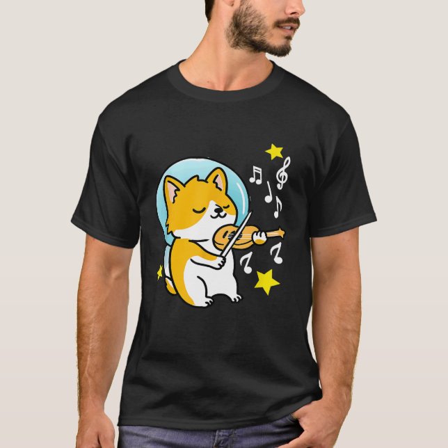 Camiseta Corgi Astronauta Tocando Violino (Frente)