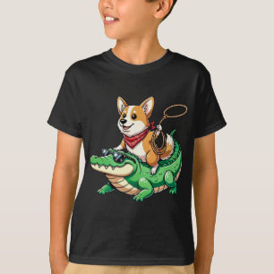 Camiseta Corgi Bonito e Divertido Montando um Jacaré Cowboy