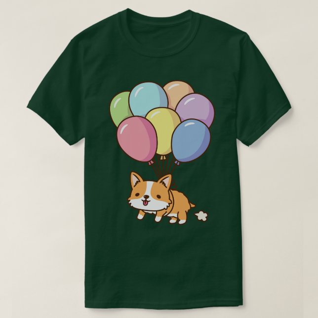 Camiseta Corgi Bonito Voando Com Balões Arco-Íris (Frente do Design)
