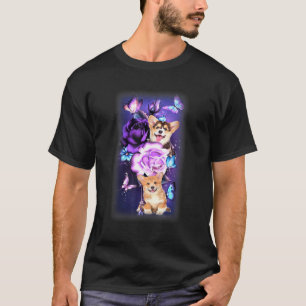 Camiseta Corgi Borboleta Flor Rosas Roxas Mágicas Amor