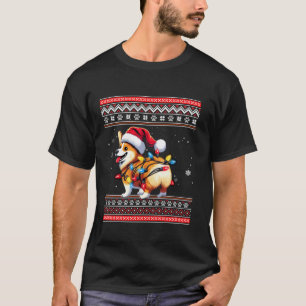 Camiseta Corgi Bumbum Funny Ugly Santa Hat Snowflakes Luzes